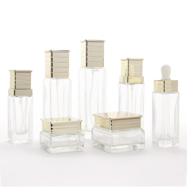 square clear glass cosmetic bottle and jar