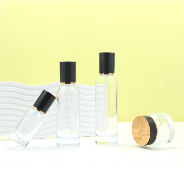 slant shoulder clear glass cosmetic bottle and jar