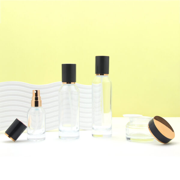 slant shoulder clear glass cosmetic bottle and jar