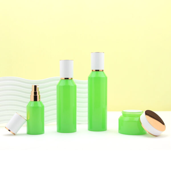 slant shoulder green glass cosmetic bottle and jar