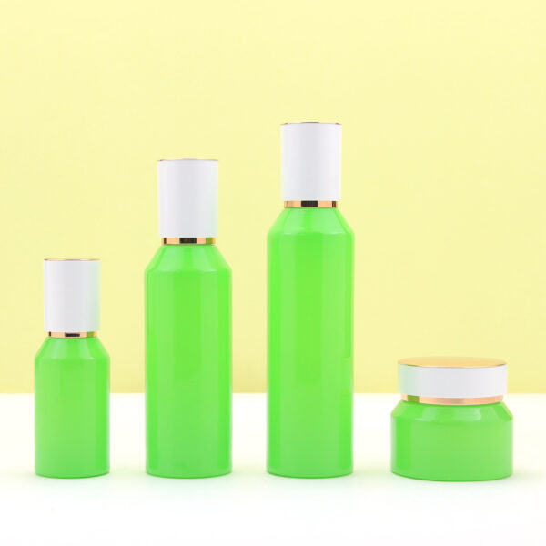 slant shoulder green glass cosmetic bottle and jar