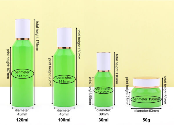 slant shoulder green glass cosmetic bottle and jar