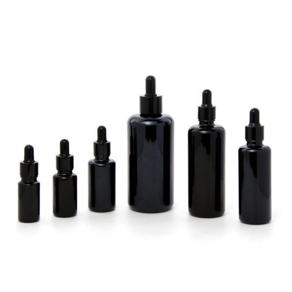 round black glass essential oil bottle with dropper