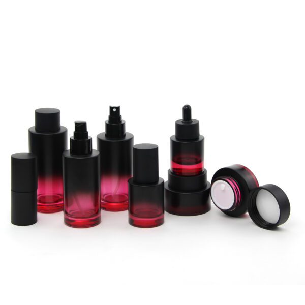 flat shoulder gradient black-red glass cosmetic bottle and jar