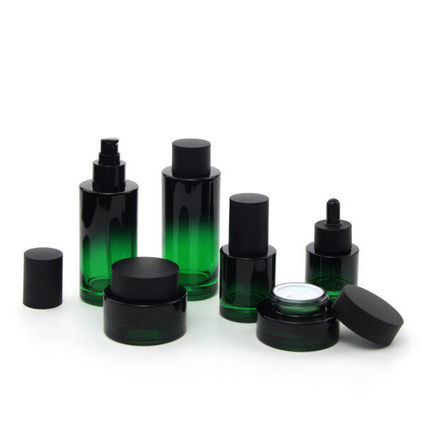 flat shoulder gradient black-green glass cosmetic bottle and jar