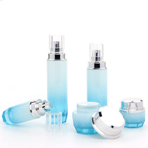 gradient blue glass cosmetic bottle and jar