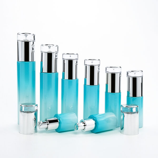 cylinder blue glass cosmetic bottle and jar