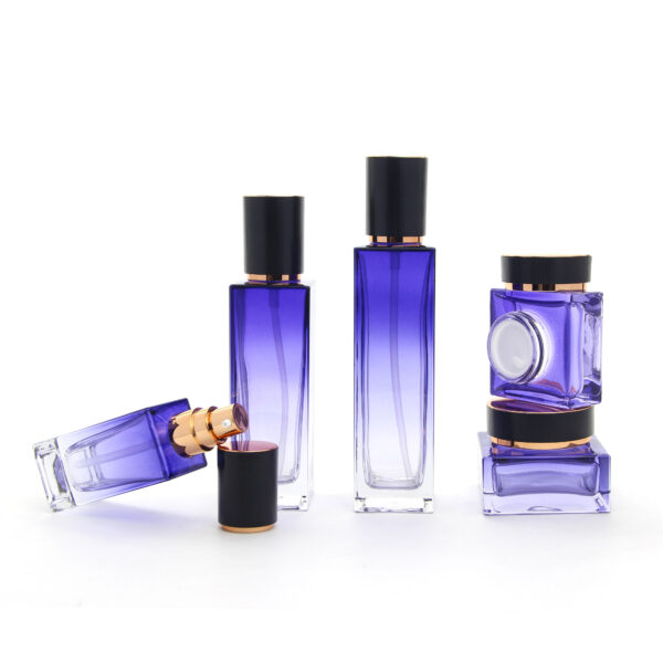 square violet glass cosmetic bottle and jar