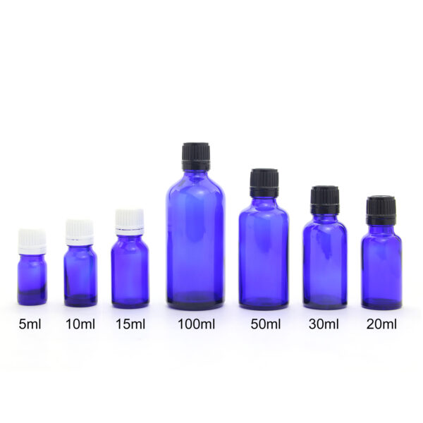 round blue glass essential oil bottle with orifice reducer and screw cap