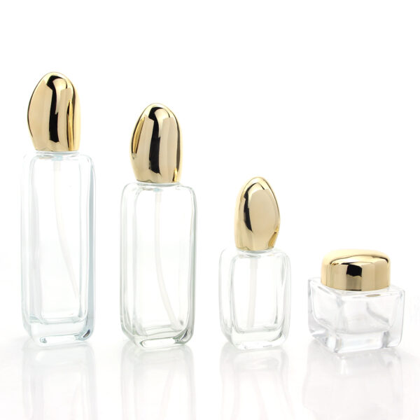 square clear glass cosmetic bottle and jar