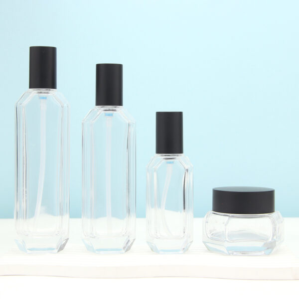 hexagon clear glass cosmetic bottle and jar