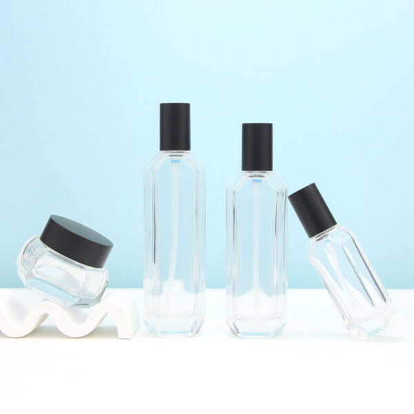 hexagon clear glass cosmetic bottle and jar